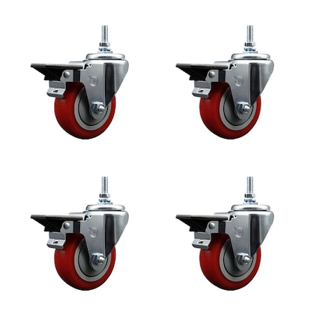 Service Caster 35 Inch Red Polyurethane 38 Inch Threaded Stem Caster Set with Brake SCC-TS20S3514-PPUB-RED-PLB-381615-4